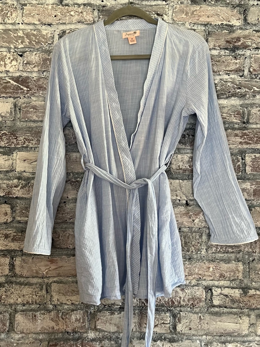 Light Blue Striped Japna Cotton Wrap Robe withWaist Removable Tie smoke:pet free